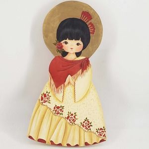 Hand Painted Gold Detail cute angel girl in hat on Wood 10" Signed